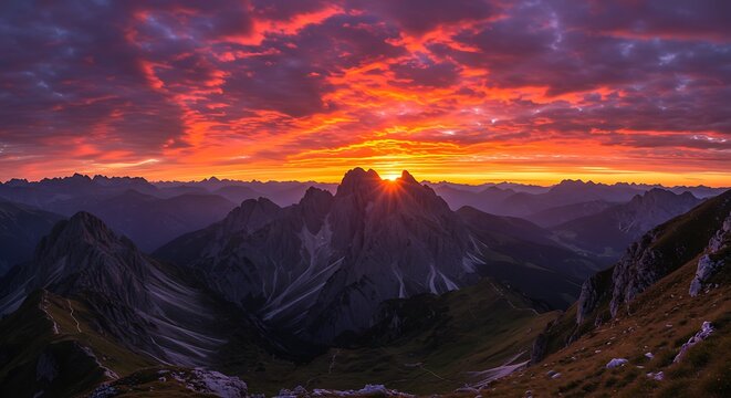 Dramatic sunset over mountain range with vibrant orange and purple sky