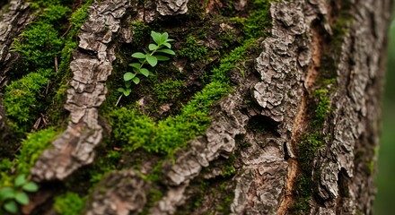 Close up of tree trunk with moss and foliage detail background