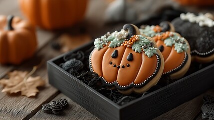 Close-up of decorated Halloween pumpkin-shaped cookies in black box, for seasonal dessert promotions, bakery marketing, and party planning visuals, wooden surface background, neutral tones, cookie 