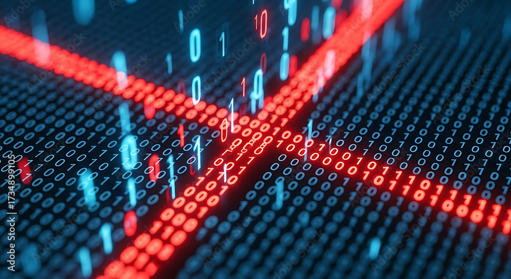 Wall mural red and blue binary code with digital grid overlay data technology