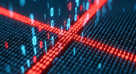 Red and Blue Binary Code with Digital Grid Overlay data technology