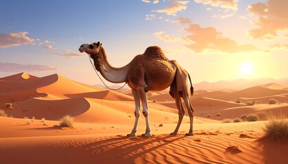 Camel in the Desert at Sunset: A Serene and Golden Landscape