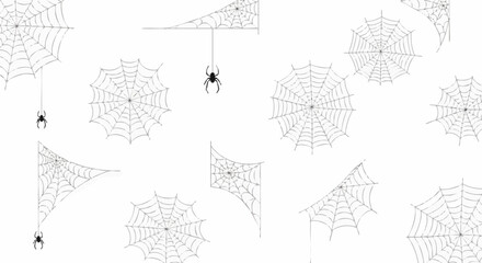 Obraz premium Spooky seamless pattern featuring scattered spider webs and dangling black spiders on a pure white background