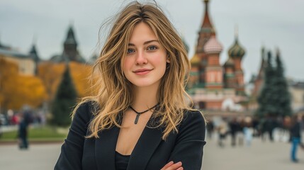 young woman in black blazer standing near cathedral for tourism editorials, cultural diplomacy visuals, and political awareness features, Russian ethnicity, autumn colors, wide outdoor format 