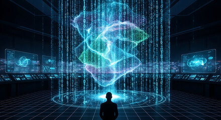 Silhouette Observing Holographic Data Cube in Futuristic Control Room image photo