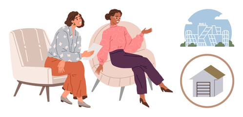 Two women seated and talking, gesturing toward a mall concept and garage image. Ideal for communication, teamwork, planning, real estate, community engagement, decision-making, simple flat metaphor