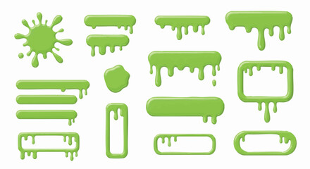 Vibrant green slime elements on white, featuring dripping banners, gooey frames, and splatters
