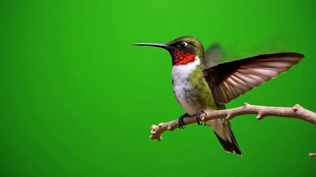 Mesmerizing ruby throated hummingbird perching gracefully on a branch with a vibrant green background, ideal for captivating nature videos.