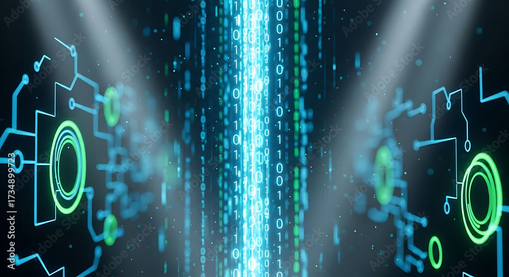Wall mural vertical stream of binary code with circuitry elements numbers zero