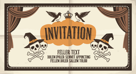 Vintage Halloween party invitation design with skulls, witch hats, crosses bones, and theatrical curtains, perfect for spooky events