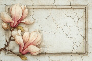 Ornate magnolia blossoms on a distressed, framed, light beige background.