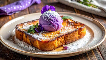 Elegant Dessert: French Toast with Lavender Ice Cream and Floral Accents