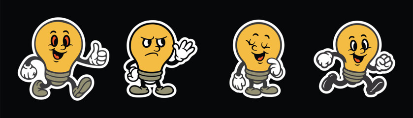 Spark innovation with these cute, animated lightbulb characters showing success, greetings, thoughtfulness, and progress for your next creative project
