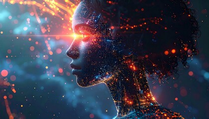 Futuristic portrait of a woman with digital lights and ethereal energy