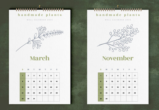 Fern Green Handmade Plants Wall Calendar 2026 Tabloid Layout