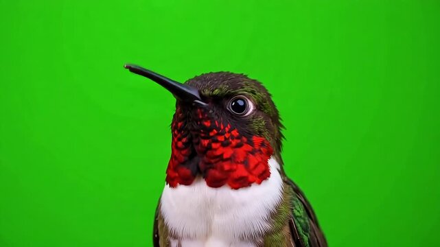 Dynamic ruby throated hummingbird with vibrant red gorget feathers captured in stunning close up on a green screen for seamless compositing