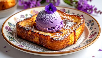 Delicious Dessert: French Toast with Lavender Ice Cream and a Floral Garnishment