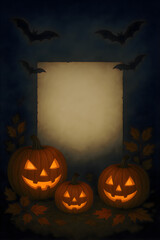 Pumpkins sitting next to a piece of paper with bats on it placed on a spooky autumn surface creating a halloween festive atmosphere and seasonal holiday decoration scene