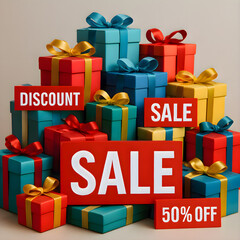 Pile of colorful gift boxes decorated with sale signs placed together symbolizing festive shopping, holiday promotion and seasonal retail marketing for products