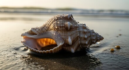 Seashell on Sandy Beach at Sunrise.