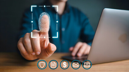 Person using fingerprint scan on laptop with security, document, money, email and message icons