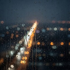 Rainy Night Cityscape Through a Window.