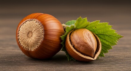 Close up of two hazelnuts with leaves on a wooden surface