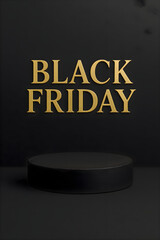 Black friday promotional sign with shiny gold lettering on dark background symbolizing big shopping discounts and sales event
