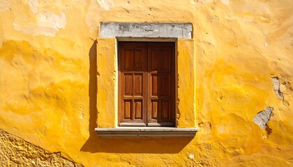 Architectural Detail: A Wooden Window Framed by a Rustic Yellow Wall