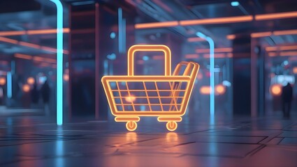 Glowing neon shopping cart standing in the middle of a dark room symbolizing modern retail promotion stylish digital commerce and futuristic shopping atmosphere