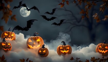 Several glowing pumpkins illuminated in the dark night symbolizing halloween seasonal celebration spooky festive decoration and autumn holiday shopping atmosphere