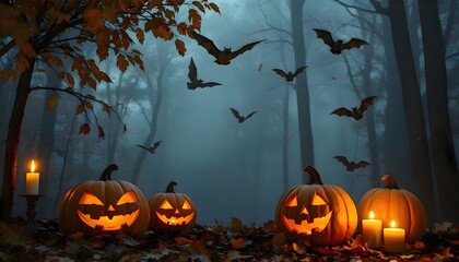 Glowing carved pumpkins illuminated in the woods at night symbolizing halloween celebration spooky seasonal holiday decoration and autumn shopping festival atmosphere