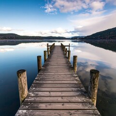 Fototapeta premium Tranquil lake pier at sunrise