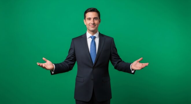 Man presenting with open hands. Businessman showing empty copy space. Chomakey isolated on green screen background. - Powered by Adobe
