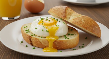 Delicious poached egg on toast with fresh bread and orange juice