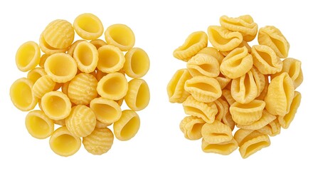 Close up of two piles of dry orecchiette pasta against a white backdrop