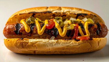 Close-up shot of a grilled hot dog in a bun, topped with condiments.