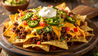 A savory platter of loaded beef nachos with crispy tortilla chips, melted cheddar cheese, spicy jalapenos, diced tomatoes, and a dollop of sour cream