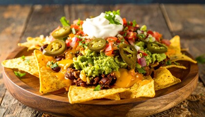 A wooden platter overflowing with delicious, colorful nachos, ready to eat.