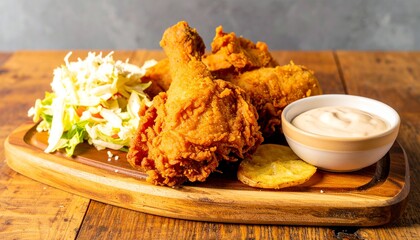 Close-up of a delectable southern fried chicken dinner, with perfectly golden and crispy pieces, fresh slaw, and a dipping sauce on a rustic platter