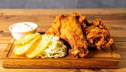 An ultra-detailed close-up of a southern fried chicken meal with golden crispy skin, served with coleslaw, potato wedges, and dipping sauce on a rustic wooden board