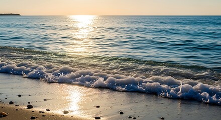 Sunset Beach Waves Calm Seascape.