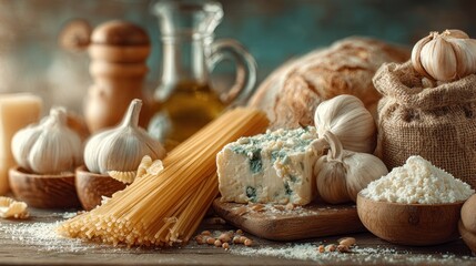 Rustic ingredients for traditional italian cuisine on an aged wooden surface