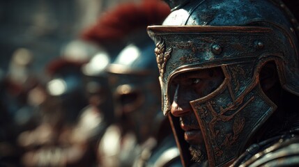A Line of Armored Warriors with Metallic Helmets and Determination in Focus