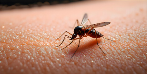 Close up macro shot of mosquito biting and sitting on human arm symbolizing insect nature detail skin texture and wildlife insect photography with clear macro view