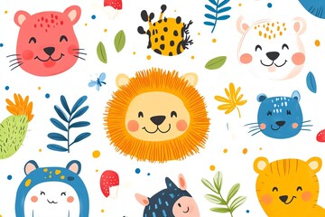 Adorable cartoon animal faces and tropical leaves. Perfect for kids' products, textiles, and digital designs.