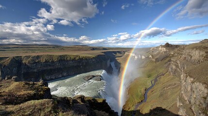 Aerial view of a majestic waterfall cascading into a canyon, with a vibrant rainbow arching over the scene