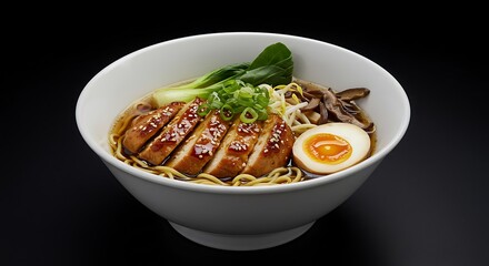 Delicious ramen bowl with chicken egg and vegetables isolated on black background