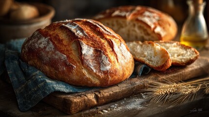 Artisan sourdough bread loaf presented on a rustic wooden board