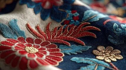 Intricate Floral Embroidery Detailed Pattern on Fabric, Macro Photography